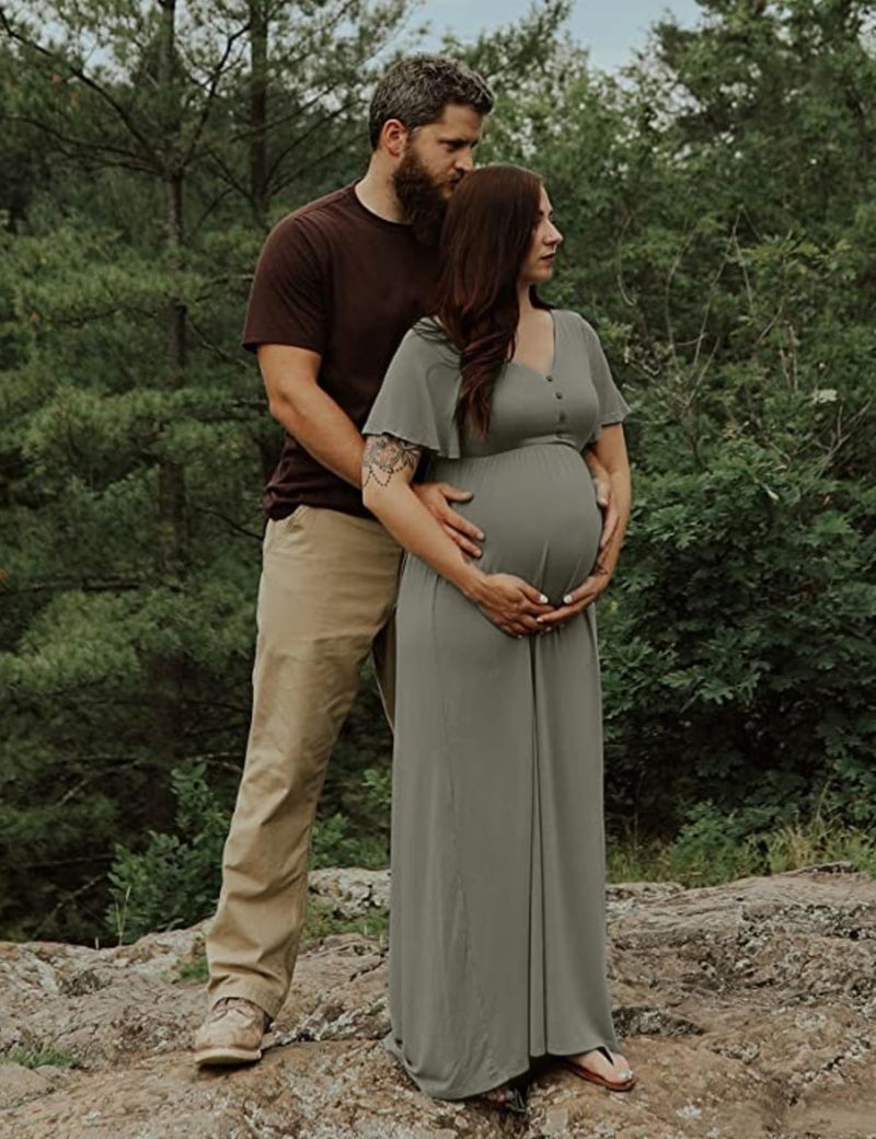 Peauty Plus Size Maternity Dresses for Baby Shower - Maxi Dress Summer (Green Grey XL) - Image 3