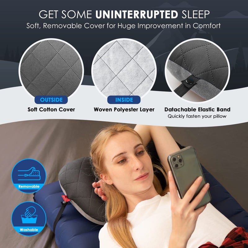 Hikenture Ultralight Inflatable Pillow with Removable Cover for Neck Lumber Support - Upgrade Washable Travel Air Pillows for Camping, Hiking, Backpacking (Grey) - Image 5