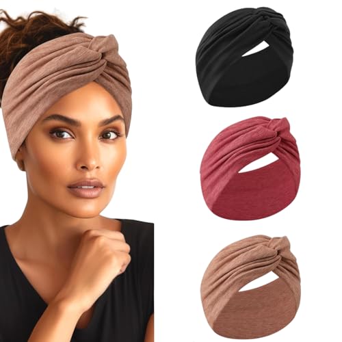 TecoKart® 3Pcs Hair Bands for Women | Stylish Elastic Gym Head Band | Soft Non-Slip Fabric Headbands for Yoga, Sports and Working Out (Khaki, Rose Pink, Black) - Image 1
