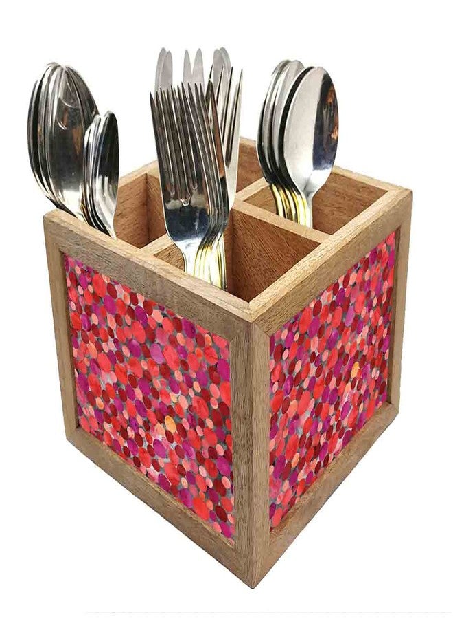 Nutcase Wooden Cutlery Stand Holder Silverware Caddy Spoons Forks Knives Organizer for Dining Table & Kitchen -Made in India-Spoons NOT Included - Dark Pink Marble Dots - Image 1