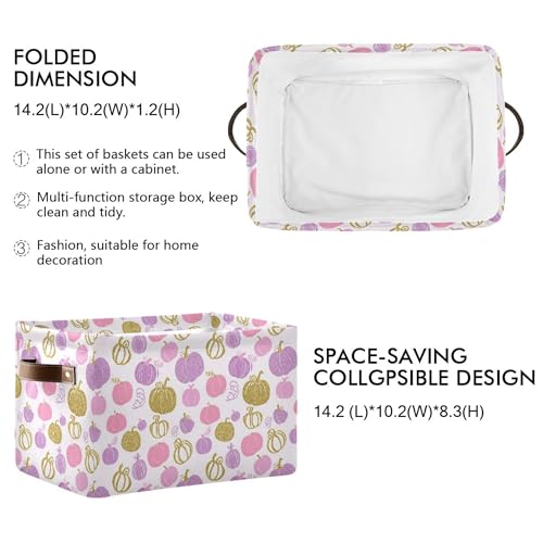 Wamika Pumpkin Pink Purple Storage Basket with Waterproof Liner and PU Handles Fall Thanksgiving Day Storage Bins Boxes 142 Collapsible Decorative Organizer Baskets for Bedroom Closet Office 1 Pack - Image 3