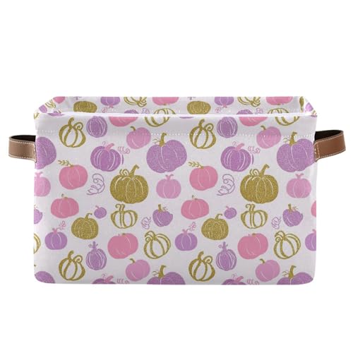Wamika Pumpkin Pink Purple Storage Basket with Waterproof Liner and PU Handles Fall Thanksgiving Day Storage Bins Boxes 142 Collapsible Decorative Organizer Baskets for Bedroom Closet Office 1 Pack - Image 1
