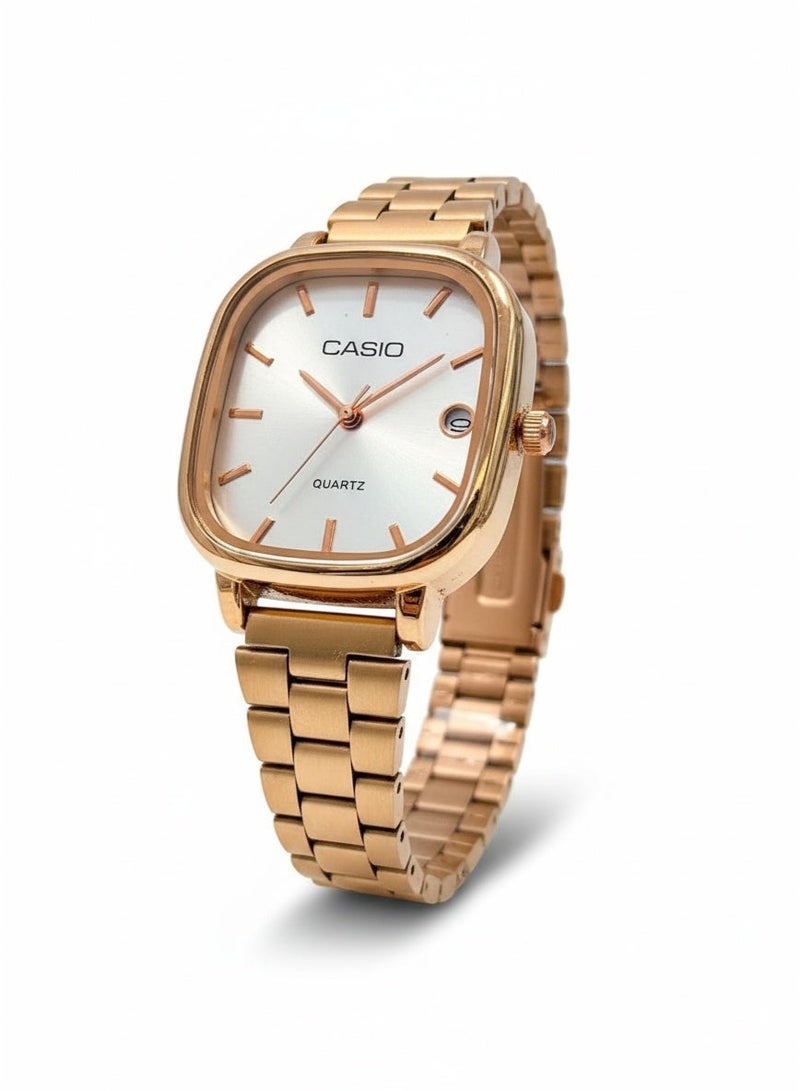 Casio Men’s Rose Gold Square Quartz Watch with White Dial - Image 1