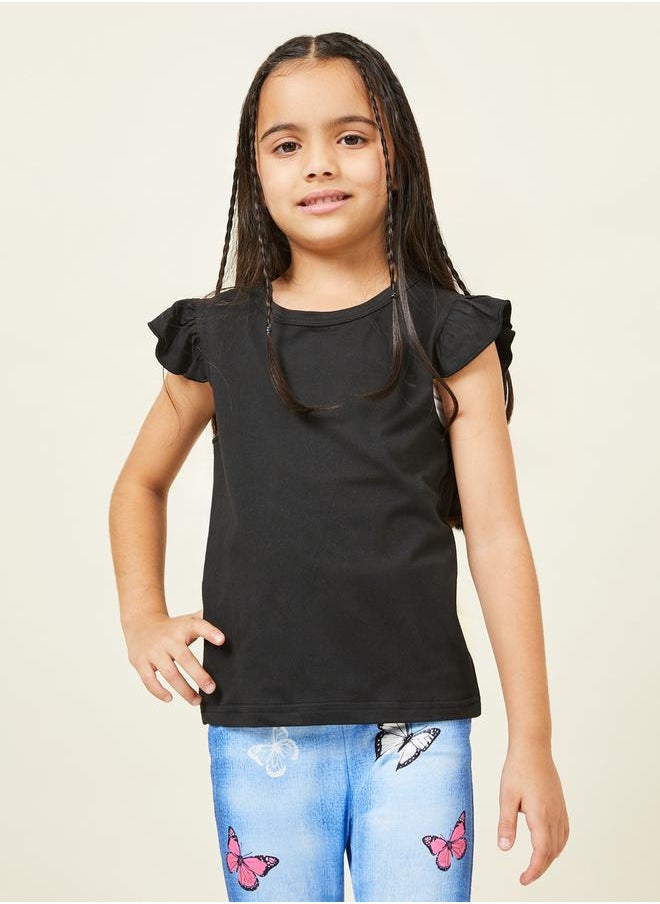 Styli - Ruffle Sleeves T-shirt and Butterfly Print Denim Flared Pant Set - Image 1