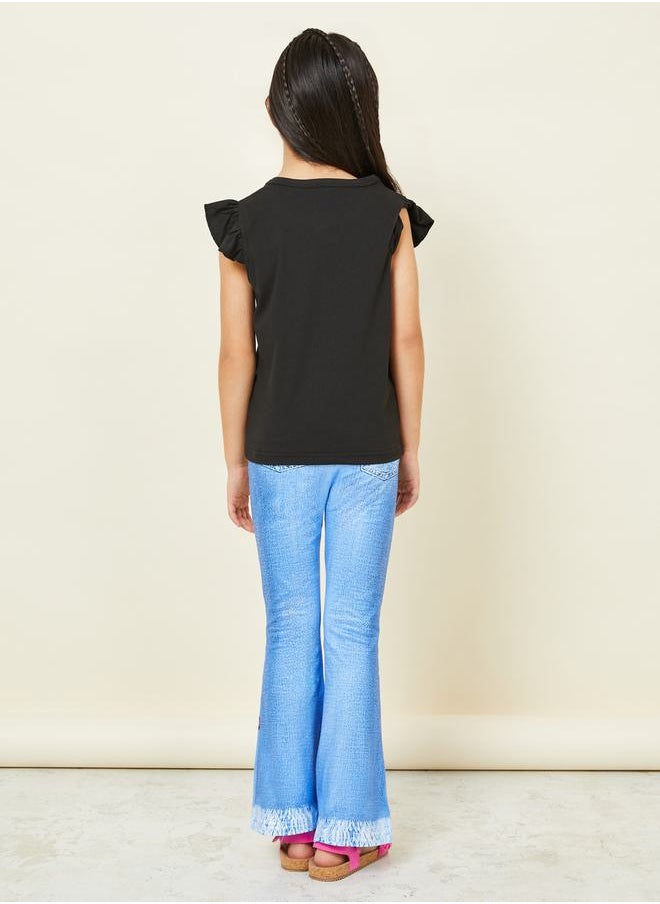 Styli - Ruffle Sleeves T-shirt and Butterfly Print Denim Flared Pant Set - Image 1