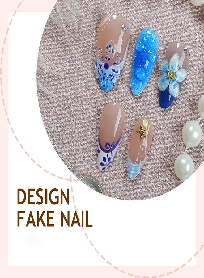 BYJKYEN 24Pcs Blue Flower Press on Nails Medium Almond Beach Fake Nails with 3D Floral Starfish Design French Tip False Nails Flowers Glossy Stick on Nail Supplies for Summer DIY Women Manicure - Image 2