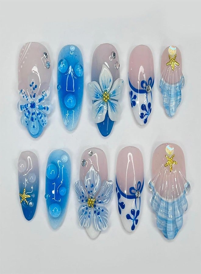 BYJKYEN 24Pcs Blue Flower Press on Nails Medium Almond Beach Fake Nails with 3D Floral Starfish Design French Tip False Nails Flowers Glossy Stick on Nail Supplies for Summer DIY Women Manicure - Image 1