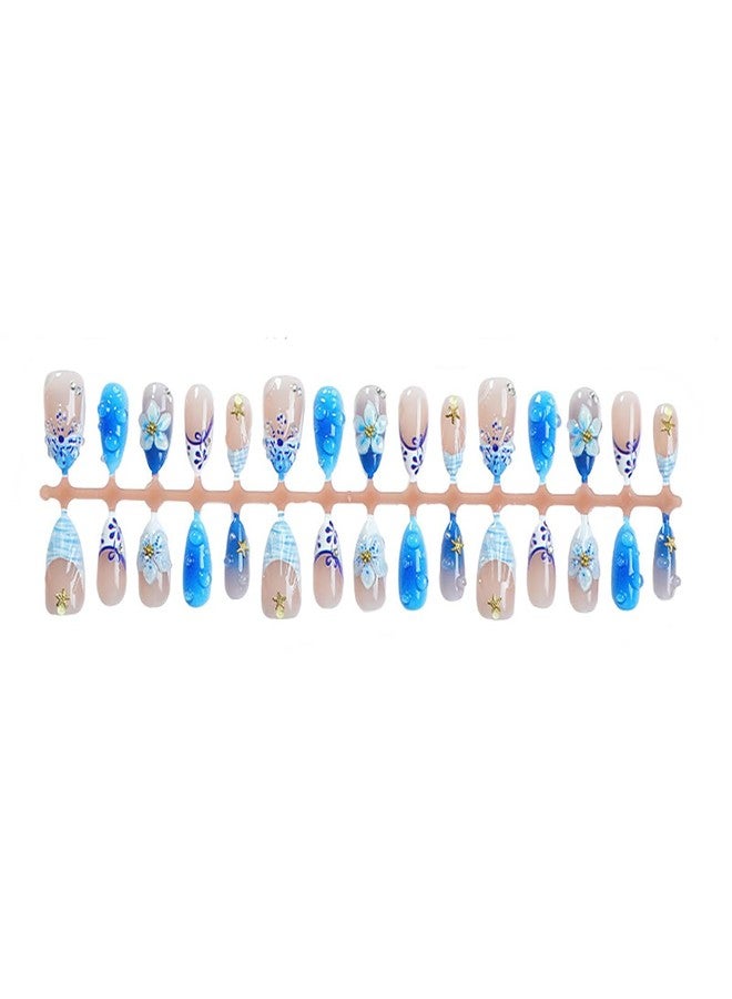 BYJKYEN 24Pcs Blue Flower Press on Nails Medium Almond Beach Fake Nails with 3D Floral Starfish Design French Tip False Nails Flowers Glossy Stick on Nail Supplies for Summer DIY Women Manicure - Image 4