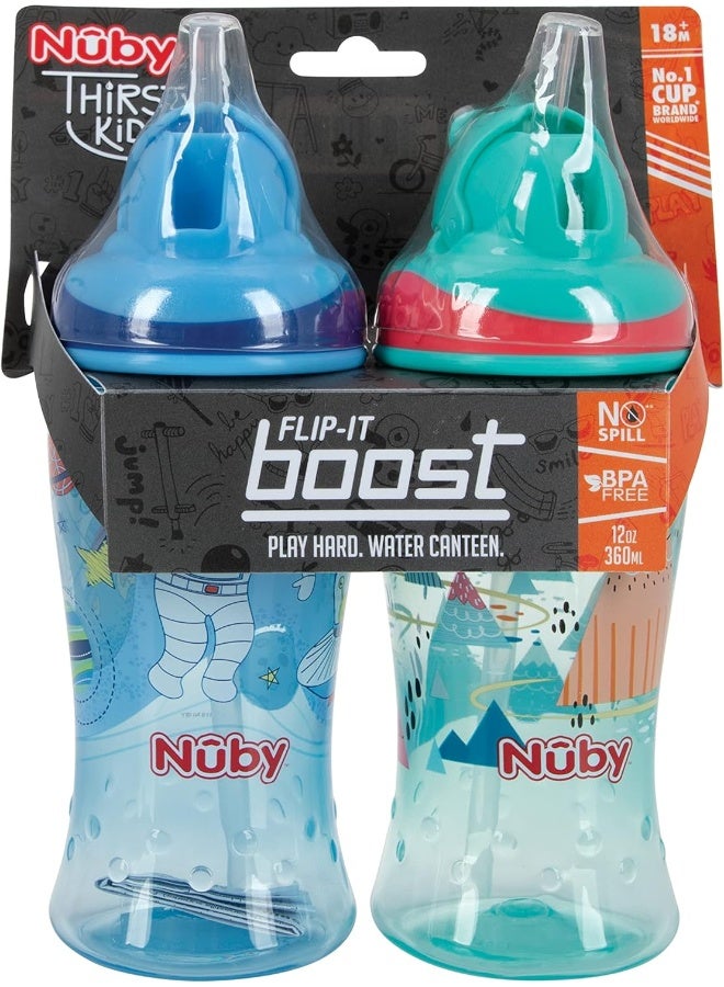 Nuby 2pkThirsty Kids No-Spill Flip-it Printed Boost Cup with Thin Soft Straw - 12oz, 18+ Months, 2pack Print May Vary - Image 5