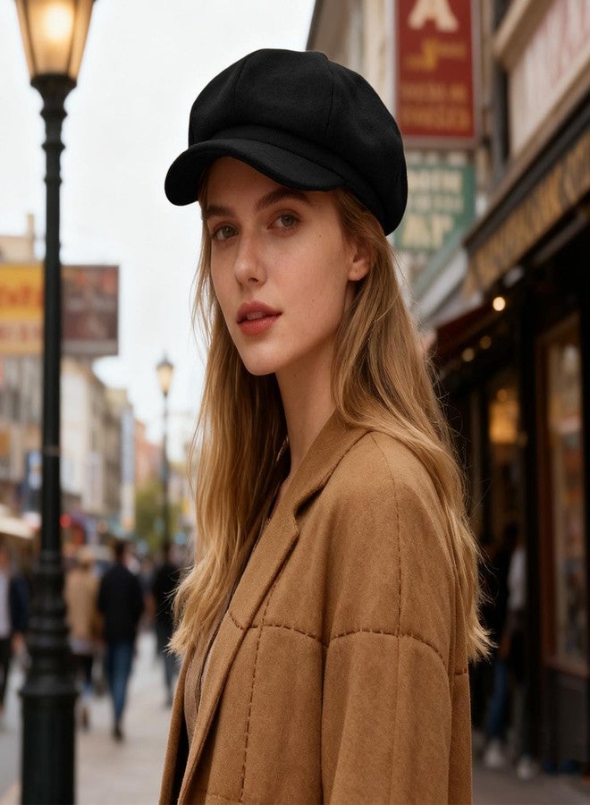 Jolbndcv Women’s Newsboy Cap,Wool Retro Vintage Solid Color Denim Hat Flat Cap Visor Painter Beret Hat Black - Image 5