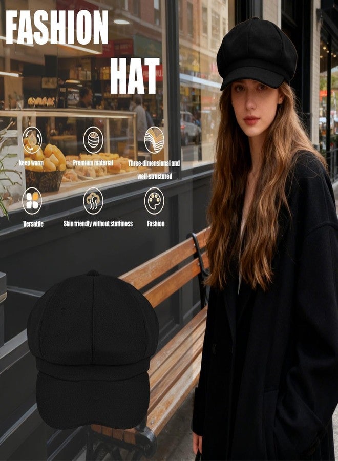 Jolbndcv Women’s Newsboy Cap,Wool Retro Vintage Solid Color Denim Hat Flat Cap Visor Painter Beret Hat Black - Image 3
