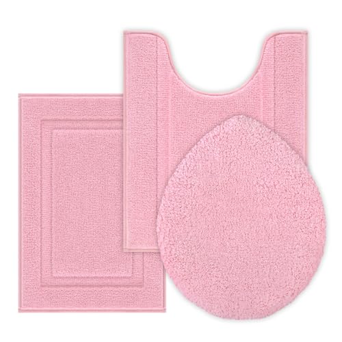 SHACOS 3 Pieces Bath Rugs Set with Toilet Lid Cover Soft Absorbent Bath Mats U Shape Contour Rug Toilet Cover Absorbent Non Slip Machine Washable Plush Bathroom Rug Pink - Image 1