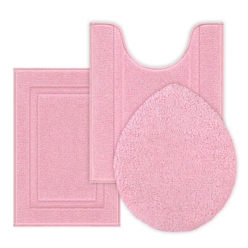SHACOS 3 Pieces Bath Rugs Set with Toilet Lid Cover Soft Absorbent Bath Mats U Shape Contour Rug Toilet Cover Absorbent Non Slip Machine Washable Plush Bathroom Rug Pink - Image 2