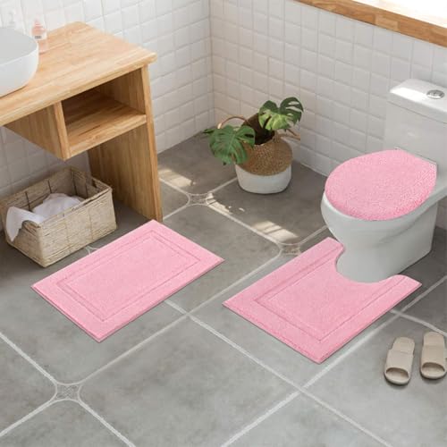SHACOS 3 Pieces Bath Rugs Set with Toilet Lid Cover Soft Absorbent Bath Mats U Shape Contour Rug Toilet Cover Absorbent Non Slip Machine Washable Plush Bathroom Rug Pink - Image 3