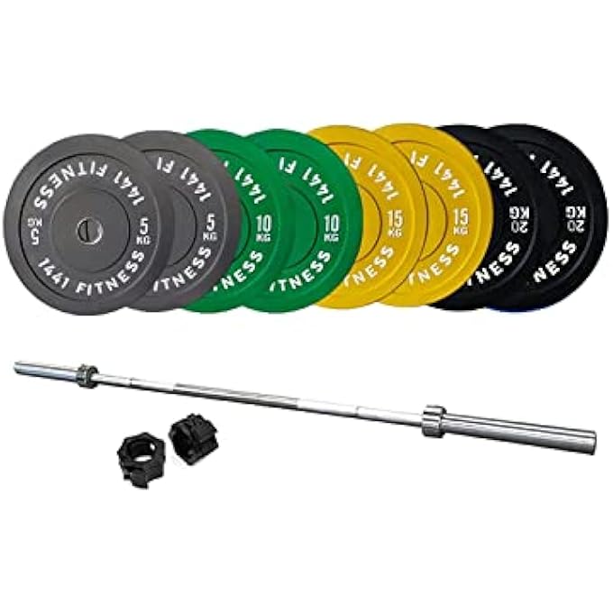 rayihni Olympic 7 Ft. Long Barbell Bar With Color Bumper Weight Plates Set & Steel Collar For Strength Training, Secure Grip Gym Plates For Exercise (120 To 160Kg) - Image 2
