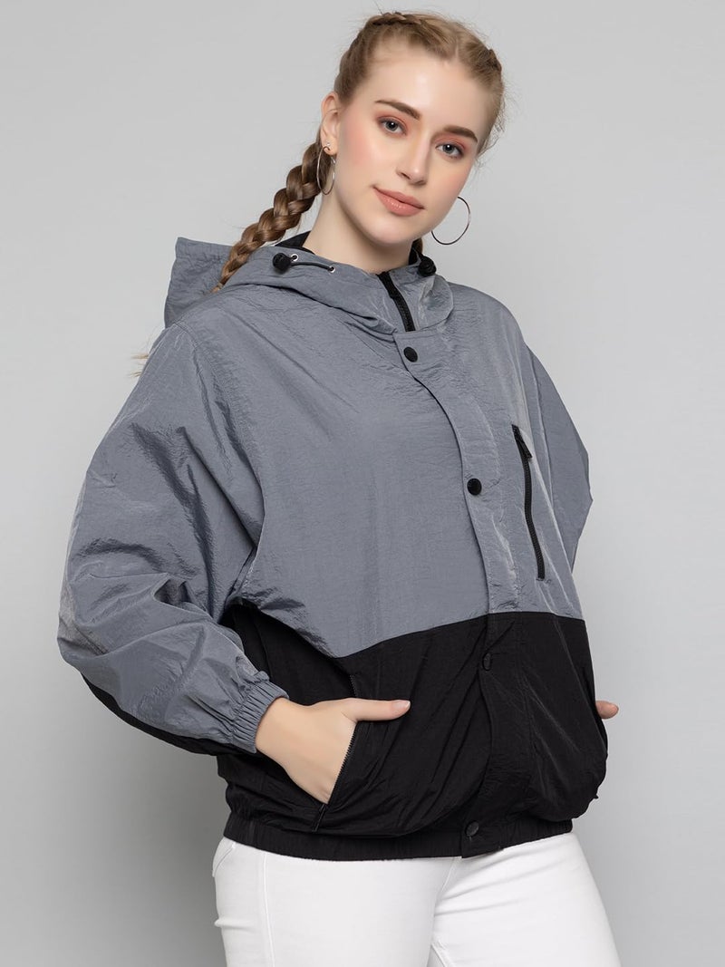 CHKOKKO Womens Stylish Oversized Windcheater Jacket with Zip Closure Lightweight Sportswear for Running Travel Hiking Outdoor and Rainy Season Wear GreyBlack 3XL - Image 4