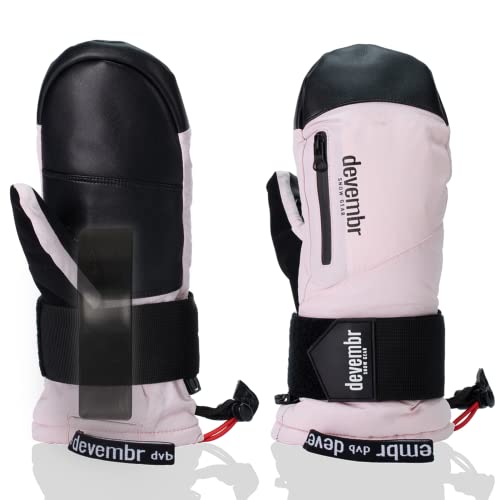 devembr Ski Mittens with Wrist Guards, Waterproof Snowboarding Mittens, Pink, S - Image 1