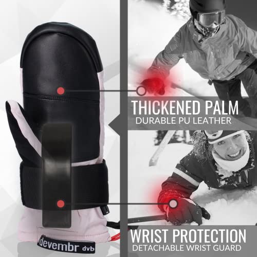 devembr Ski Mittens with Wrist Guards, Waterproof Snowboarding Mittens, Pink, S - Image 2