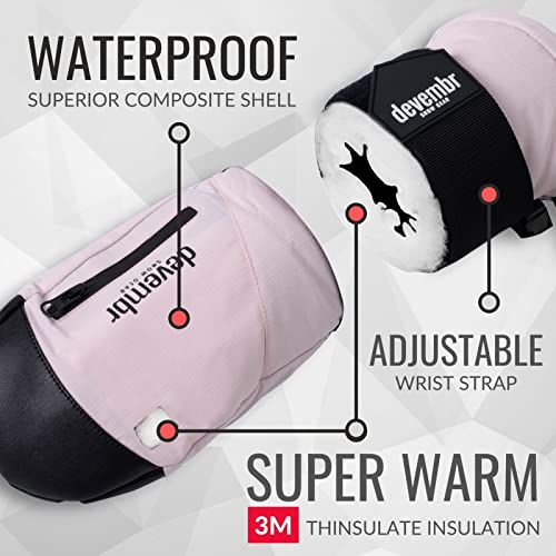 devembr Ski Mittens with Wrist Guards, Waterproof Snowboarding Mittens, Pink, S - Image 3