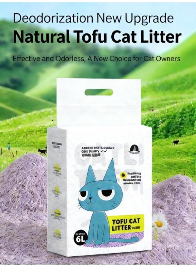 رمل قطط من التوفو، رمل بمكونات طبيعية 100%، قابل للغسل في المرحاض، خالٍ من الغبار، سريع التكتل، خفيف الوزن، حبيبات رمل قطط قليلة التتبع، تحكم فعال في الروائح، بدون رائحة، 6 لتر (بنكهة اللافندر) - Image 1