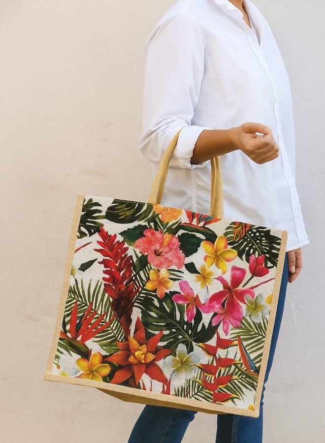 Sangra Multicolor Large Jute Shopping Bag for Men & Women with Zip and Handle - Floral Design - Image 4