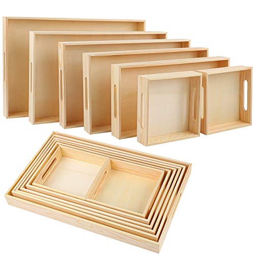 Aodaer 7 Pieces Wooden Nested Serving Trays Rectangular Shape Wood Trays Serving Trays with Handles for Kitchen Party Dinner Snacks - Image 1