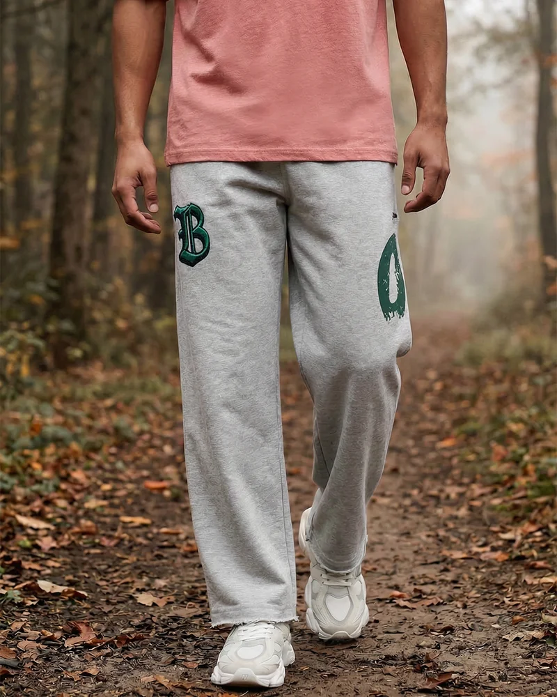 بيواكوف Men's Grey Embroidered Straight Fit Track Pants