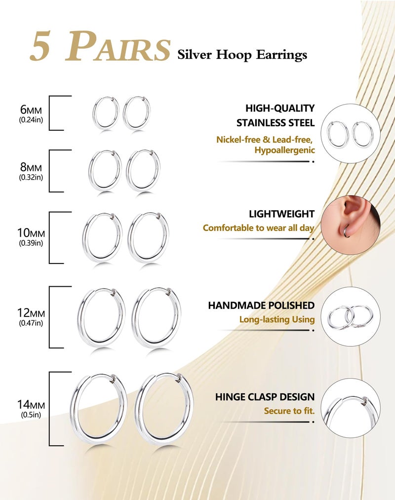 CLVJQ 5 Pairs Small Huggie Hoop Earrings for Women, Stainless Steel Lightweight Hypoallergenic Silver Earrings for Sensitive Ears, Stackable Cartilage Hoop, Minimalist Everyday Jewelry (6/8/10/12/14mm) - Image 2