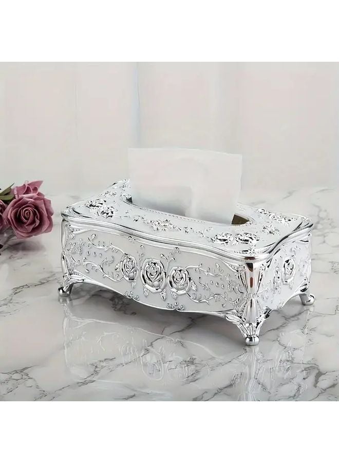 Silvery Rose Pattern Tissue Box Cover Holder For Bathroom Living Room Bedroom - Image 1