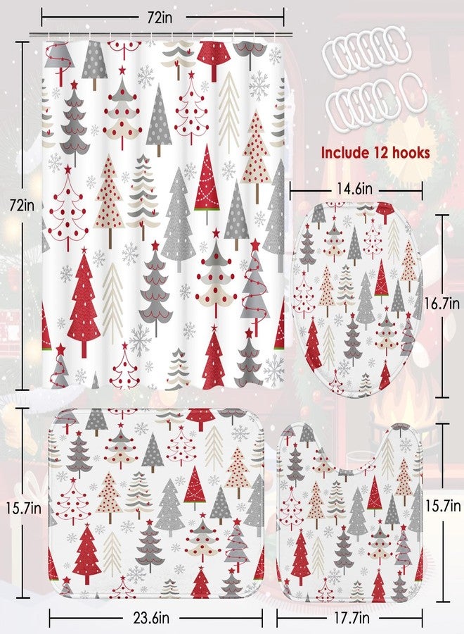 ArtSocket 4 Pcs Shower Curtain Set Christmas Trees Red Doodle Holly with Non-Slip Rugs Toilet Lid Cover and Bath Mat Bathroom Decor Set 72" x 72" - Image 2