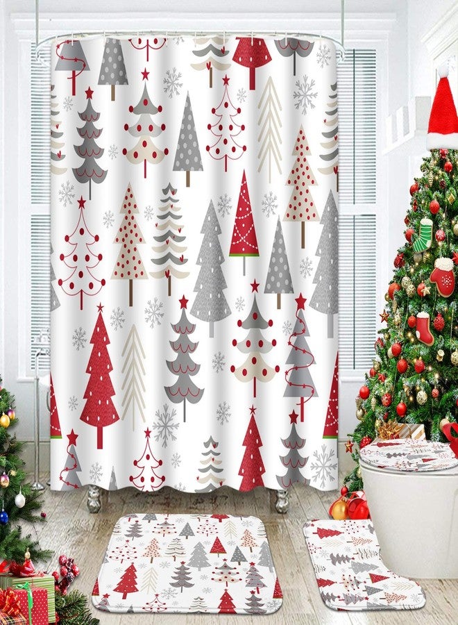 ArtSocket 4 Pcs Shower Curtain Set Christmas Trees Red Doodle Holly with Non-Slip Rugs Toilet Lid Cover and Bath Mat Bathroom Decor Set 72" x 72" - Image 1