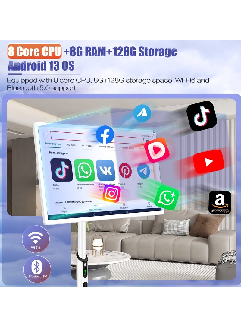 XIAN TIAN XIA 32 Inch Smart Portable TV - 4K Support, Adjustable Floor Touchscreen Monitor, 8G RAM + 128G ROM | Build-in Camera | Android OS, Battery Powered 4-6 Hours - Image 3