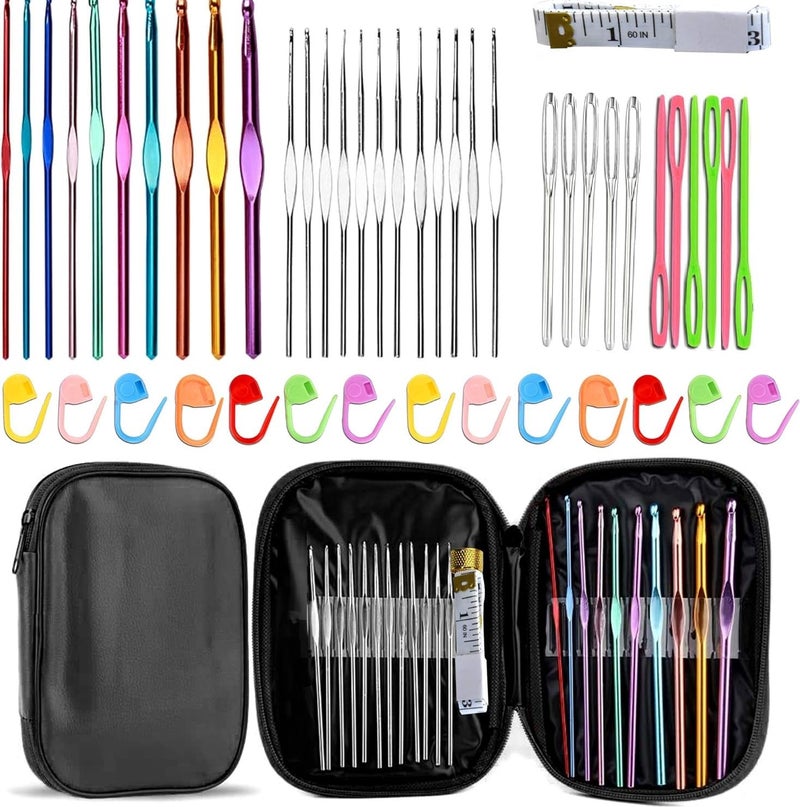Crochet Hooks Set 10 Aluminum Needles + 12 Stainless Steel Needles 14 Stitch Marker Pins 5 Blunt Large Hole Hooks Accessories for Beginners and Professionals 48 Pcs