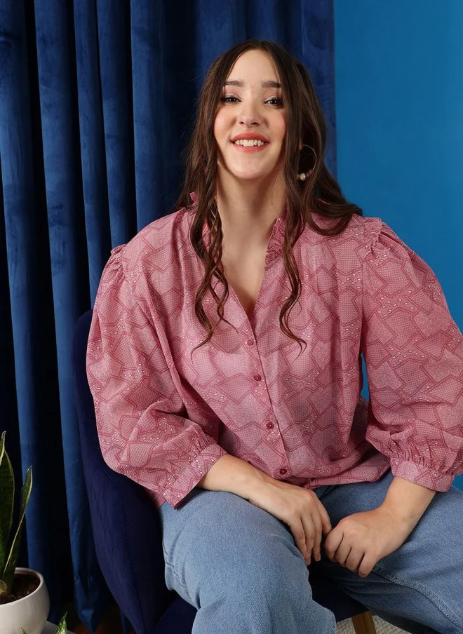 CURVY STREET Curvy Street Abstract Printed Puff Sleeves Top for Women