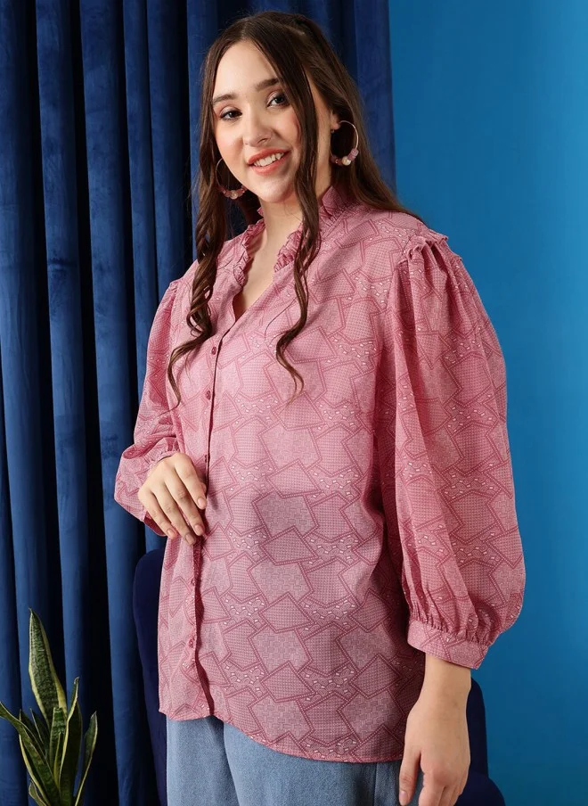 CURVY STREET Curvy Street Abstract Printed Puff Sleeves Top for Women