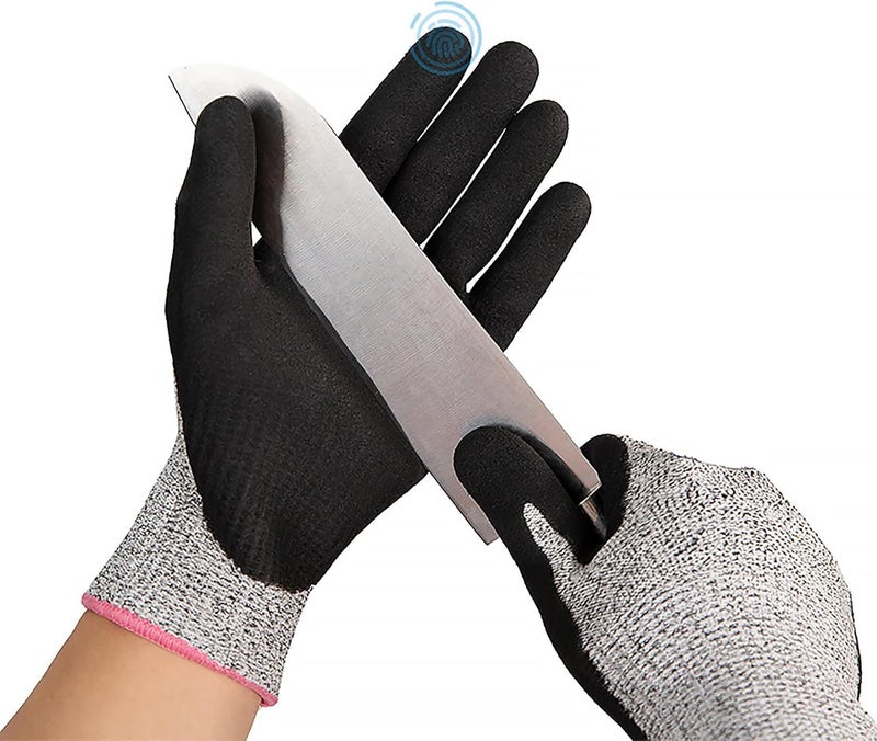 Nitrile Cut Resistant Work Gloves, Safety Cutting Gloves with Nitrile Scrub Coated - Comfortable, Slip-resistant, Level 5 Protection - 1 Pair Grey