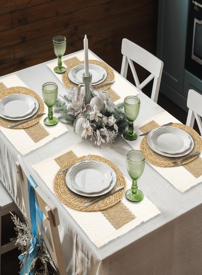 Kochorie 6 Set Handmade Boho Placemats Natural Cotton Burlap Table Mats, 6 Rectangle with Tassel & 6 Round Bulrush Placemats Farmhouse Weave Place Mats for Rustic Dining Table Kitchen Decor - Image 5