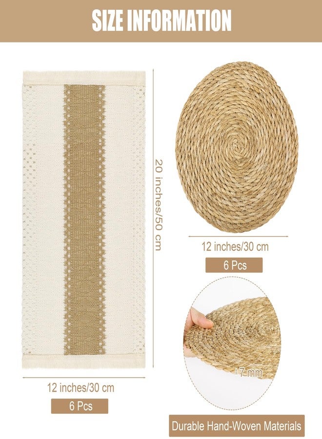 Kochorie 6 Set Handmade Boho Placemats Natural Cotton Burlap Table Mats, 6 Rectangle with Tassel & 6 Round Bulrush Placemats Farmhouse Weave Place Mats for Rustic Dining Table Kitchen Decor - Image 2