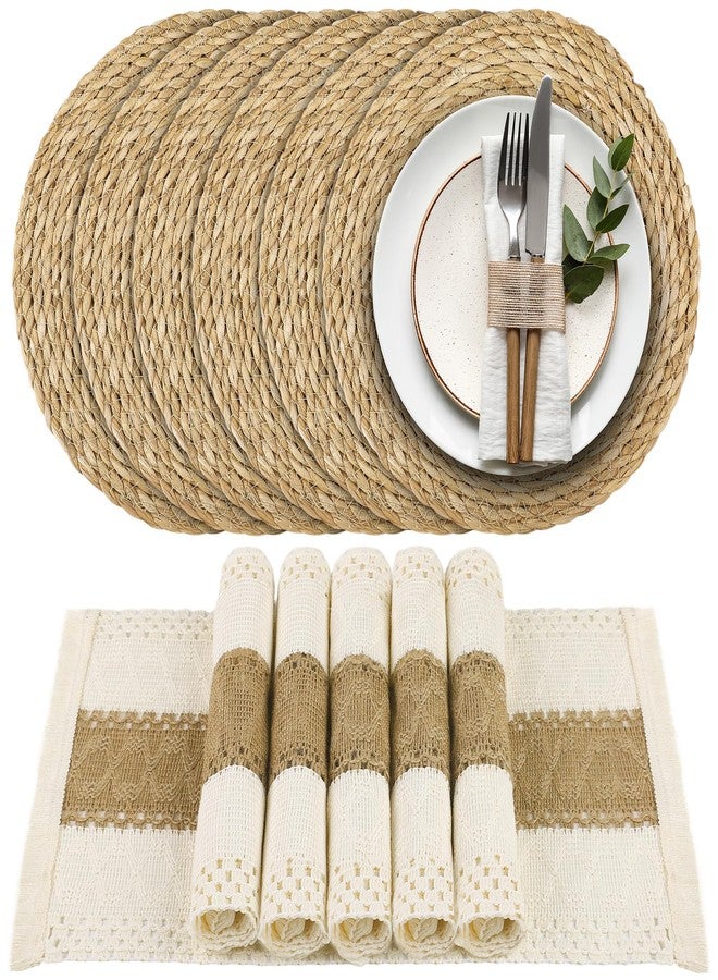 Kochorie 6 Set Handmade Boho Placemats Natural Cotton Burlap Table Mats, 6 Rectangle with Tassel & 6 Round Bulrush Placemats Farmhouse Weave Place Mats for Rustic Dining Table Kitchen Decor - Image 1