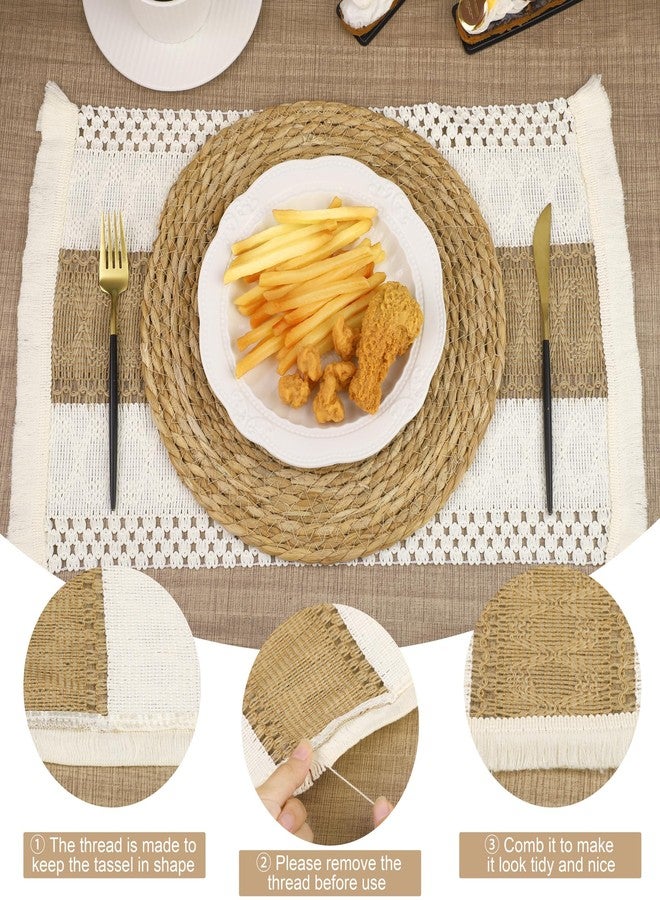 Kochorie 6 Set Handmade Boho Placemats Natural Cotton Burlap Table Mats, 6 Rectangle with Tassel & 6 Round Bulrush Placemats Farmhouse Weave Place Mats for Rustic Dining Table Kitchen Decor - Image 3