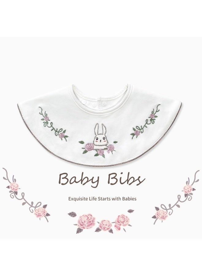 Premium Embroidered Cotton Baby Bib with Bunny and Rose Design - Waterproof Adjustable Drool Bib, Rolled Edge for Elegant Protection - Image 2