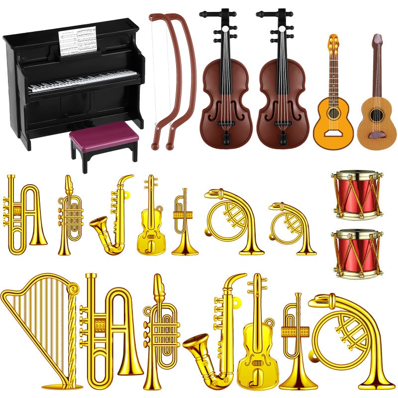 Civaner 24 Pcs Dollhouse Musical Instruments Christmas Miniature Violin Piano Trumpet Saxophone Electric Guitar Tiny Instruments Set for Xmas Party Gift Mini House Musical Room Succulent Garden - Image 1