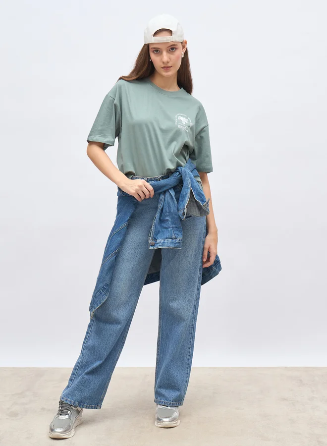 ستايلي Styli Round Neck Printed Oversized T-Shirt