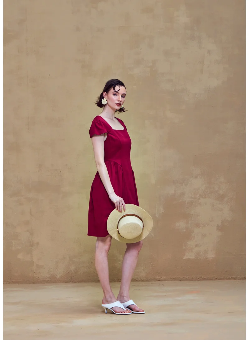 Ashita Fernandes  Square Neck Cap Sleeve Short Dress – Crimson Red for Women | Best Price UAE
