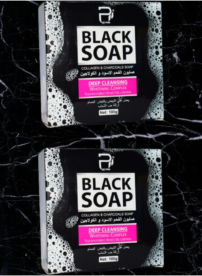 PYRON 2 Pieces Black Soap Collagen And Charcoal Deep Cleansing Whitening Complex 100g  - Image 1