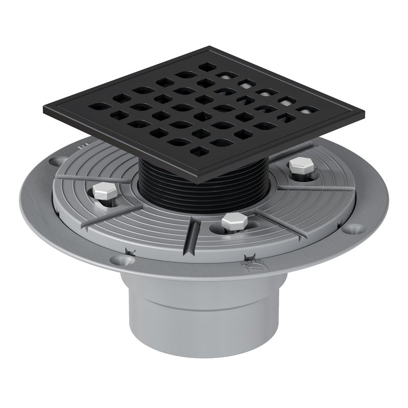 Neodrain Square Shower Drain,4 inch Black Stainless Steel 304 Grate and PVC Drain Body, Grate with Kit Includes Hair Trap/Strainer,Lifting Hook and PVC Drain Base - Image 1