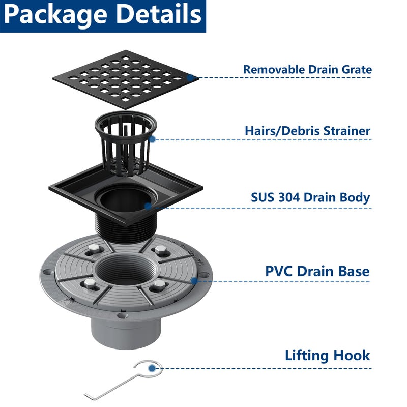 Neodrain Square Shower Drain,4 inch Black Stainless Steel 304 Grate and PVC Drain Body, Grate with Kit Includes Hair Trap/Strainer,Lifting Hook and PVC Drain Base - Image 2