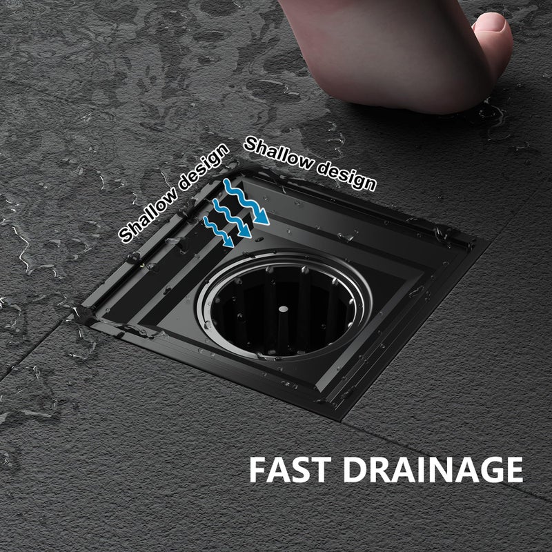 Neodrain Square Shower Drain,4 inch Black Stainless Steel 304 Grate and PVC Drain Body, Grate with Kit Includes Hair Trap/Strainer,Lifting Hook and PVC Drain Base - Image 3