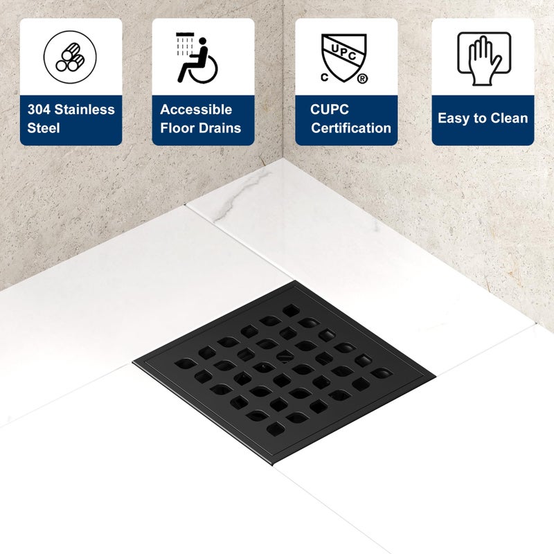 Neodrain Square Shower Drain,4 inch Black Stainless Steel 304 Grate and PVC Drain Body, Grate with Kit Includes Hair Trap/Strainer,Lifting Hook and PVC Drain Base - Image 4