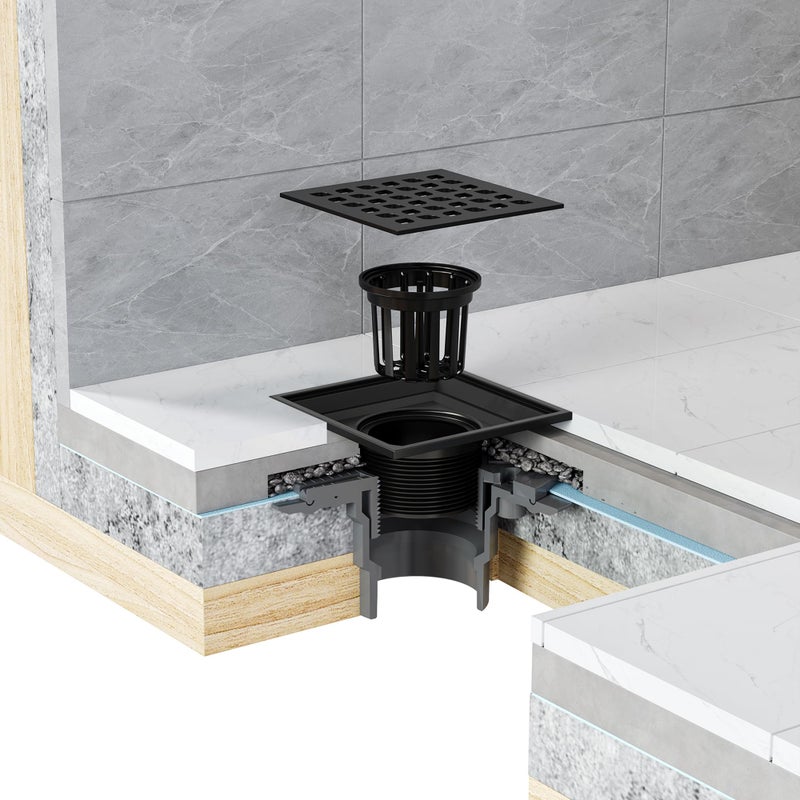 Neodrain Square Shower Drain,4 inch Black Stainless Steel 304 Grate and PVC Drain Body, Grate with Kit Includes Hair Trap/Strainer,Lifting Hook and PVC Drain Base - Image 5